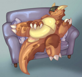animal_genitalia claws cloaca feet female furniture genitals lying nude red_eyes scales simple_background smile sofa solo tail vulva vaalravn nintendo pokemon generation_1_pokemon kangaskhan pokemon_(species) digital_media_(artwork) hi_res shaded