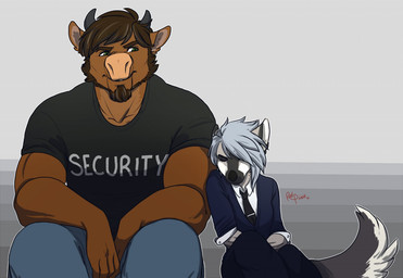 anthro beard clothed clothing duo facial_hair female fur hair horn larger_male male muscular security shirt sitting size_difference smaller_female smile text text_on_clothing text_on_shirt text_on_topwear topwear redpixie badger bovid bovine cattle mammal mustelid musteline english_text