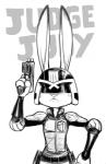 anthro armor clothed clothing cosplay crossover_cosplay female frown gun headgear helmet humor long_ears looking_at_viewer police police_uniform pun ranged_weapon simple_background solo text the_lawgiver_(judge_dredd) uniform weapon izra disney judge_dredd_(franchise) zootopia judge_dredd_(character) judy_hopps lagomorph leporid mammal rabbit 2015 crossover monochrome sketch