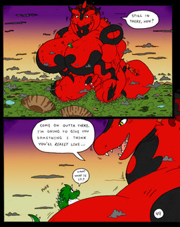 anthro big_breasts breasts crater dialogue duo extreme_size_difference female giga growth_lines huge_breasts landscape_dwarfing macro male muscular muscular_female muscular_male size_difference speech_bubble text dnapalmhead redsaber mythology dragon mythological_creature mythological_scalie scalie comic english_text