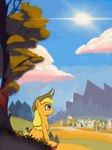 chest_tuft clear_sky clothing female freckled_face freckles grass_field green_eyes hat headgear headwear mountain outside plant relaxing sky solo tree tuft fmike friendship_is_magic hasbro my_little_pony applejack_(mlp) equid equine horse mammal pony 3:4 animated hi_res short_playtime