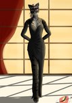 anthro black_body black_fur evening_dress female fur light red_eyes smile solo standing window blackreaper_bk201 microsoft the_elder_scrolls schnurrt_beim_knuddeln felid khajiit mammal hi_res