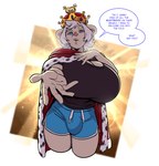 5_fingers anthro backlighting big_breasts big_bulge biped black_clothing black_shirt black_t-shirt black_topwear blue_bottomwear blue_clothing blue_eyes blue_hotpants blue_shorts bottomwear breasts bulge cape cleavage clothed clothed_anthro clothed_gynomorph clothing conjoined_speech_bubble crown dialogue dolphin_shorts fingers fur gender_symbol gynomorph gynomorph_anthro hair happy headgear hotpants huge_breasts intersex intersex_anthro light looking_at_viewer male/male_symbol male_symbol outstretched_hand pose red_cape red_clothing royalty sexuality_symbol shirt short_hair shorts solo speech_bubble standing symbol t-shirt tan_body tan_fur text topwear white_hair boosterpang jamie_(boosterpang) badger mammal mustelid musteline 2022 digital_drawing_(artwork) digital_media_(artwork) english_description english_text lighting portrait three-quarter_portrait busty_boy_(lore) male_(lore)