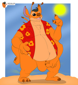 4_fingers anthro beach black_eyes black_hair claws day feet fingers fur hair male multi_arm multi_limb open_mouth open_smile orange_body orange_fur overweight overweight_anthro overweight_male patreon_logo seaside smile solo standing sun teeth text toe_claws kanada disney lilo_and_stitch patreon kanada_(character) alien experiment_(lilo_and_stitch) 2021 hi_res signature url