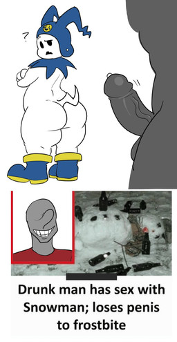 ambiguous_gender anthro bodily_fluids butt duo genital_fluids genitals humanoid_genitalia humanoid_penis male male/ambiguous male/male penis precum snowman text vein yellowdog atlus megami_tensei sega anon jack_frost_(megami_tensei) human humanoid mammal digital_media_(artwork) english_text hi_res meme