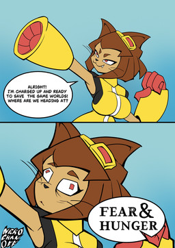 anthro arm_cannon big_breasts biped black_clothing breasts brown_ears brown_hair clothed clothed_anthro clothed_female clothing club_arms dialogue female female_anthro hair raised_arm red_eyes solo speech_bubble standing text weapon_arm whiskers white_clothing yellow_clothing nekochanoff fear_and_hunger gameoverse glitch_productions kit_bodega domestic_cat felid feline felis mammal 2026 absurd_res comic english_text hi_res