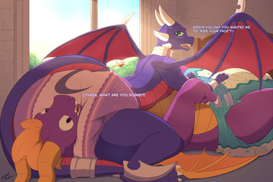 bed bedroom big_diaper caught clean_diaper dialogue diaper diaper_on_face duo female feral furniture imminent_sex male print_diaper rear_view sparks surprised text window window_light steelshark activision mythology spyro_the_dragon cynder spyro arthropod dragon dragonfly insect mythological_creature mythological_scalie scalie 3:2 absurd_res english_text hi_res
