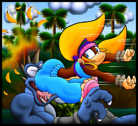 biceps blonde_hair blue_body blue_skin breasts butt clothed clothing duo ear_piercing ear_ring fangs female hair hoop_ear_ring jewelry male midriff muscular pain piercing ring_piercing teeth virus-20 donkey_kong_(series) nintendo krusha tiny_kong crocodilian haplorhine kong kremling mammal monkey primate reptile scalie 2010 digital_media_(artwork)
