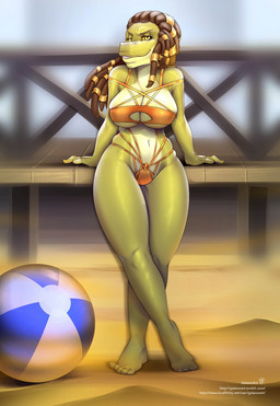anthro ball barefoot beach beach_ball big_breasts biped breasts brown_hair clothed clothing dreadlocks feet female green_body green_skin hair half-closed_eyes inflatable long_hair looking_at_viewer narrowed_eyes navel non-mammal_breasts pool_toy sand seaside skimpy solo text wide_hips wood yellow_eyes galaxxxart zynn crocodilian reptile scalie 2016 english_text hi_res