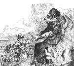 ambiguous_gender anthro biped brass_instrument brazier clothing cloud feathered_wings feathers fire group handing_over hat headgear headwear mountain musical_instrument outside plant raised_arms robe sitting size_difference sky standing toony tree trumpet tusks wind_instrument wings yocholol canid canine canis domestic_dog human mammal black_and_white hi_res inspired_by_formal_art monochrome