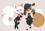 albino anthro averi_(fiddleafox) belt belt_buckle black_bottomwear black_clothing black_pants black_suit_jacket bottomwear bow_tie bowler_hat brown_body brown_eyes brown_fur buckle canid canine card clothed clothing conditional_dnp crossdressing digital_media_(artwork) digitigrade dipstick_tail domestic_cat duo eyebrow_through_hair eyebrows felid feline felis female fiddleafox fluffy fluffy_tail fox fur gambler gloves gloves_(marking) hair handwear hat headgear headwear king_of_clubs leg_markings legwear male male/female mammal markings multicolored_tail pants paws pink_eyes playing_card queen_of_hearts_(card) red_fox robyn_(sentypurr) simple_background suit tail tail_markings thigh_highs translucent translucent_hair true_fox tuft white_body white_fur