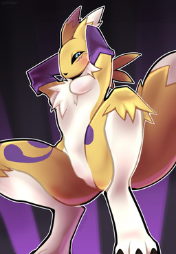 ambiguous_gender anthro arm_warmers armwear athletic athletic_female black_sclera blue_eyes clothing female fur nightclub solo thick_thighs wide_hips yellow_body hexxhoot bandai_namco digimon canid canine digimon_(species) mammal renamon absurd_res hi_res