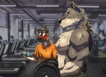 anthro barbell big_muscles blush bodily_fluids bottomwear clothed clothing dumbbell duo exercise fur gym inside looking_at_another looking_at_muscles male muscular muscular_anthro muscular_male nipple_piercing nipples pants pecs piercing shirt size_difference stare sweat topless topless_male topwear weightlifting weights wet wet_body wet_fur workout charliestete girl_staring_at_man's_chest canid canine canis domestic_dog mammal wolf 2021 hi_res meme