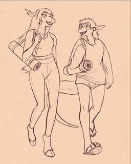 anthro big_sweater bottomwear bra clothing duo ear_piercing ear_ring eyewear female flip_flops footwear glasses hooves pants piercing ring_piercing sandals shoes simple_background sports_bra talking_to_another underwear yoga_mat yoga_pants glopossum constance_(glopossum) red_(glopossum) cervine deer fallow_deer lizard mammal reptile scalie 2025 4:5 digital_media_(artwork) hi_res monochrome sepia sketch nonbinary_(lore) trans_(lore) trans_woman_(lore)