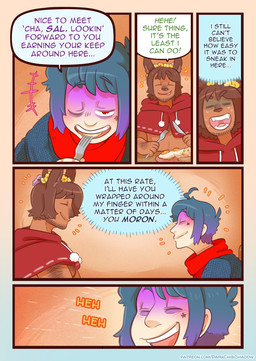 5_panel_comic arm_hair blue_hair body_hair brown_body brown_hair brown_skin clothing dialogue eyes_closed fangs flower flower_crown hair highlights_(coloring) hood inner_monologue markings mole_(marking) one_eye_closed open_mouth open_smile plant purple_highlights robe scarf smile speech_bubble stubble tan_body tan_skin teeth text thinking thought_bubble tongue tongue_out darkchibishadow solanaceae battam_(solanaceae) sal_(solanaceae) human humanoid mammal satyr comic english_text url