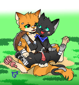 anal anal_penetration balls balls_deep balls_touching band-aid bandage belt black_body black_fur black_pawpads bodily_fluids chair_position clothing cum cum_in_ass cum_inside cum_on_balls cumshot digitigrade duo ejaculation eye_contact feral from_behind_position fur genital_fluids genitals grass green_eyes looking_at_another male male/male male_penetrated male_penetrating male_penetrating_male orange_body orange_fur pawpads paws penetration penile_spines penis pink_pawpads plant scarf sex shield smile striped_body striped_fur stripes wounded conditional_dnp kazoko_(artist) kazoko_(character) sergeo_(kazoko) domestic_cat felid feline felis mammal