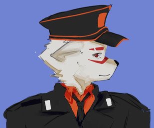 accessory anthro clothing conductor conductor_hat fur fur_markings headgear headwear male markings necktie solo uniform white_body white_fur eufor1a mau_makan_apa jaya_utomo_(mau_makan_apa) canid canine fox mammal 2026