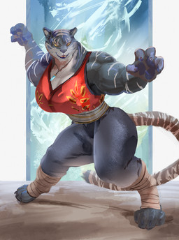 action_pose ankle_wraps anthro big_breasts big_muscles black_lips bottomwear breasts claws clothed clothed_female clothing female fully_clothed fully_clothed_female fur grey_body grey_fur huge_breasts lips muscular muscular_anthro muscular_female pants pawpads pose smile solo thick_thighs tight_bottomwear tight_clothing tight_pants whiskers yellow_eyes spectrumshift felid mammal pantherine tiger hi_res