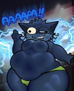 anthro big_butt black_eyes bulge butt clothing electricity electrocution exclamation_point fur green_clothing green_underwear grey_body grey_ears grey_fur grey_hair hair male moobs multicolored_body multicolored_fur navel obese obese_anthro obese_male one_eye_half-closed overweight overweight_anthro overweight_male solo standing teeth thick_thighs three-quarter_view two_tone_body two_tone_fur underwear awakecore gray_cat_(alienmyth64) domestic_cat felid feline felis mammal 2025 digital_media_(artwork) hi_res