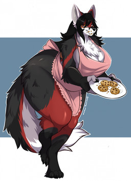 amber_eyes anthro apron apron_only bent_over big_breasts biped black_body black_fur breasts brown_body brown_fur claws cleavage clothed clothed_anthro clothed_female clothing cookie countershade_torso countershading crumbs_on_face feet female fingers food front_view fur hair huge_breasts long_hair looking_at_viewer plate simple_background smile smiling_at_viewer solo standing tail teeth thick_thighs toes white_body white_fur mocha-wing canid canine canis mammal wolf 2026 digital_drawing_(artwork) digital_media_(artwork) hi_res