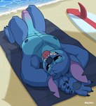 2024 abs alien anthro anthrofied beach beach_towel bedroom_eyes big_penis blue_body blue_claws blue_fur blue_pawpads claws disney erection experiment_(lilo_and_stitch) feet fencydregin finger_claws fur genitals hair head_tuft hi_res humanoid_genitalia humanoid_penis lilo_and_stitch long_ears looking_at_viewer male mischievous_smile muscular narrowed_eyes nipples notched_ear pawpads pecs penis sand sea seductive signature smile smiling_at_viewer solo stitch_(lilo_and_stitch) surfboard teeth tongue tongue_out towel tuft water