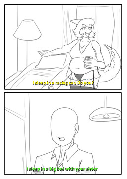 5_fingers alcohol anthro bald bed beer beverage beverage_can bone_frill breasts cleavage clothed clothing dialogue duo eyelashes female fingers frill_(anatomy) furniture garter_straps hair jacket legwear long_tail male nightgown open_mouth open_smile panties race_car_bed short_hair smile spiked_tail spikes spikes_(anatomy) stockings tail text topwear underwear arsenic_iii cavemanon_studios i_wani_hug_that_gator snoot_game the_simpsons anon_(snoot_game) mia_moretti dinosaur hadrosaurid human mammal ornithischian ornithopod parasaurolophus prehistoric_species reptile scalie 2022 absurd_res comic english_text hi_res monochrome