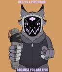 anthro clothing explosives gesture hand_gesture hoodie machine male pipe_bomb pointing pointing_at_viewer shitpost smile solo text topwear xvii_(artist) because_you're_epic stars_(xvii) protogen english_text meme reaction_image