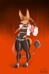 abstract_background big_ears brown_body clothing female gloves gradient_background gun hair handgun handwear inner_ear_fluff latex ponytail ranged_weapon simple_background solo straps tuft weapon g0ni25 vessra_(bokdan0) hybrid absurd_res cel_shading colored hi_res shaded signature