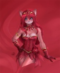 anthro biped blue_eyes bottomwear breasts cleavage clothed clothing corset corset_dress ear_piercing female gem gloves hair handwear heart_symbol jewelry lingerie looking_at_viewer necklace piercing red_hair ruby_(gem) skirt solo standing topwear thumbclawz kittyflame felid mammal 2009 red_theme