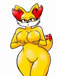 anthro anthrofied biped breasts curvy_figure eyewear featureless_breasts featureless_crotch female glasses heart_symbol holding_breast looking_at_viewer nude pokemorph simple_background smile solo standing thick_thighs voluptuous wide_hips kingjion nintendo pokemon canid canine fennekin generation_6_pokemon mammal pokemon_(species) 3:4