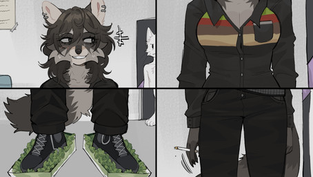 5_fingers anthro belt big_breasts biped black_belt black_body black_bottomwear black_claws black_clothing black_ears black_eyebrows black_eyes black_footwear black_fur black_hair black_nose black_pants black_shirt black_shoes black_tail black_topwear bottomwear breasts brown_clothing brown_shirt brown_topwear caught_in_the_act cheek_tuft cigarette claws cleavage closed_frown clothed clothed_anthro clothed_female clothing collarbone collared_shirt dress_shirt duo ear_piercing ear_ring eyebrows eyelashes facial_tuft female female_anthro female_focus finger_claws fingers fluffy fluffy_tail food footwear frown fur green_clothing green_shirt green_topwear grey_body grey_fur grey_tail hair holding_cigarette holding_object inside lettuce long_hair long_sleeves looking_aside male male_anthro messy_hair mouth_closed multicolored_body multicolored_clothing multicolored_fur multicolored_shirt multicolored_topwear nervous nervous_smile pants piercing plant plantigrade pupils red_clothing red_shirt red_topwear ring_piercing shirt shoelaces snout solo_focus standing tail tan_clothing tan_shirt tan_topwear tape teeth topwear tuft two_tone_tail uniform unprofessional_behavior vegetable whiskers white_body white_fur white_inner_ear white_pupils work_uniform raccoattack burger_king burger_king_foot_lettuce racc_(raccoattack) domestic_cat felid feline felis mammal procyonid raccoon 2026 hi_res meme