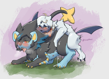 arm_tuft bent_legs black_body black_fur blush blush_lines bodily_fluids breath claws cum cum_in_vagina cum_inside doggystyle duo female female_penetrated feral feral_on_feral feral_penetrated feral_penetrating feral_penetrating_feral from_behind_position fur genital_fluids highlights_(coloring) kerchief kerchief_only larger_penetrated male male/female male_penetrating male_penetrating_female mane mating_grip mounting multi_nipple nipples open_mouth penetration sex shoulder_tuft simple_background size_difference teats thrust_lines thrusting tongue tongue_out tuft white_body white_fur snepause nintendo pokemon aria_(nerius) kev_(maroon) absol generation_3_pokemon generation_4_pokemon luxray pokemon_(species) hi_res