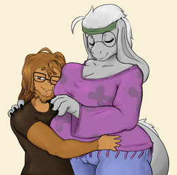 anthro beard big_breasts big_ears black_clothing black_shirt black_topwear breasts clothing duo eyewear facial_hair female glasses hair happy huge_breasts hugging_breasts long_hair male male/female nails overweight shirt size_difference slightly_chubby slightly_chubby_female tail topwear white_hair noirebun final_fantasy square_enix haplorhine mammal monkey nu_mou primate