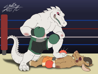 albino anthro bottomwear boxing clothing duo gloves handwear knockout male shorts sport sagadreams bovid caprine crocodile crocodilian goat mammal reptile scalie 4:3 hi_res