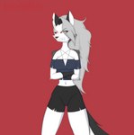 angry anthro black_body black_fur bottomwear breasts clothing crop_top crossed_arms female fur grey_hair hair long_hair medium_breasts red_sclera sharp_teeth shirt shorts solo tail teeth topwear white_body white_eyes white_fur kawaiiredpandas helluva_boss mythology loona_(helluva_boss) canid canid_demon canine demon hellhound mammal mythological_canine mythological_creature absurd_res hi_res