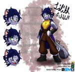 anthro black_boots black_clothing black_footwear blue_hair boots bottomwear brown_bottomwear brown_clothing brown_pants cloak clothing facial_expressions female footwear fur green_eyes grey_body grey_fur hair hand_on_hip laughing_at_another leg_strap looking_at_viewer markings multicolored_body multicolored_fur pants pink_nose purple_cloak purple_clothing rogue shirt shoes short_hair simple_background simple_coloring sleeveless_clothing sleeveless_hoodie sleeveless_shirt smirking_at_another solo spots spotted_body spotted_fur standing text thief topwear wristband yellow_clothing yellow_shirt yellow_topwear sinisterslyfox lilith_ashbluff felid feline mammal pantherine snow_leopard english_description english_text hi_res shaded simple_shading soft_shading