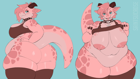 4_fingers anthro areola belly big_breasts blue_background blue_sclera breasts butt claws clothed clothing clothing_lift collar fangs female fingers front_and_back hair half-closed_eyes horn legwear long_tail looking_at_viewer narrowed_eyes navel nipples obese overweight overweight_anthro overweight_female pink_body pink_hair pointy_ears simple_background smile solo spiked_collar spikes stockings tail teeth tongue tongue_out saintsucrose kobold scalie 2025 hi_res signature