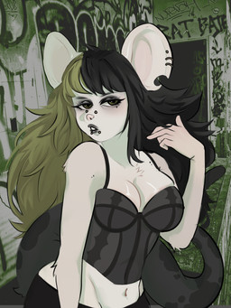 alternative_fashion anthro breasts female goth makeup markings mole_(marking) multiple_piercings navel piercing solo blackfaun mammal murid murine rat rodent 3:4 hi_res