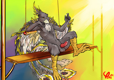anthro armpit_hair beak biped bodily_fluids body_hair claws cum erection feathers feet genital_fluids genitals grey_body grey_feathers knot leaning light male markings nude penis reclining sitting smile solo sun sunlight swing talons toes yellow_eyes yellow_markings yuki-chi avian bird 2009