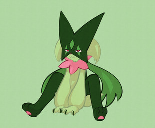 3_fingers ambiguous_gender anthro cape claws clothing facial_markings feet finger_claws fingers flower flower_(anatomy) fur green_background green_body green_fur green_legs green_mask handpaw head_markings hindpaw jagged_mouth leaf_(anatomy) markings mask paws pink_flower plant pupils red_eyes simple_background sitting slit_pupils solo white_sclera momensarada nintendo pokemon generation_9_pokemon meowscarada pokemon_(species) 2023 absurd_res colored full-length_portrait hi_res portrait