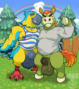4_toes animal_genitalia anisodactyl anthro avian_feet balls beak belly big_balls blue_body blue_nipples bottomless claws clothed clothing darkened_genitalia duo feathers feet flexing fur genitals glistening glistening_balls glistening_genitalia grey_clothing grey_sweater grey_topwear hair hand_on_hip holding_another hoof_hands hooves looking_at_viewer male multicolored_body multicolored_fur muscular muscular_anthro muscular_male navel nipples orange_hair outside pantsless pecs plant rainbow scuted_feet scutes sheath shirt sky slightly_chubby slightly_chubby_male smile smiling_at_viewer standing stubble sweater tail tail_feathers tank_top text toe_claws toes topwear tree two_tone_body two_tone_fur winged_arms wings yellow_body grapeyguts animal_crossing nintendo buck_(animal_crossing) keaton_(animal_crossing) avian equid equine horse mammal 2026 digital_media_(artwork) english_text watermark