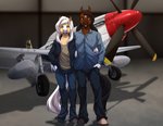 aircraft airplane anthro blue_eyes breasts brown_hair clothed clothing duo eyebrows eyelashes female fingers hair hangar hooves male smile vehicle white_hair lapres p-51 equid equine horse mammal 2021 digital_media_(artwork)