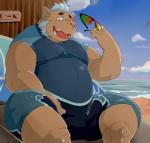 anthro beach belly biped eyewear humanoid_hands male mohawk overweight overweight_anthro overweight_male seaside sitting solo sunglasses tusks water wetsuit train5 train_(artist) lifewonders tokyo_afterschool_summoners ganglie_(tas) mammal suid suina sus_(pig) wild_boar 2018