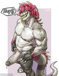 amon-sydonai anthro big_penis bodily_fluids dripping erection genital_fluids genitals green_tongue grey_body grey_scales hair hi_res humanoid_genitalia humanoid_penis iguana iguanid lizard looking_at_viewer male muscular muscular_anthro muscular_male nipples non-mammal_nipples open_mouth pecs penis precum precum_drip red_hair reptile saliva scales scalie smile solo standing tail tongue tongue_out vein veiny_penis