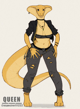 anthro belt big_breasts black_eyeshadow bottomwear breasts choker clothed clothing eyeshadow female furgonomic_piercing furgonomics jacket jewelry long_tail makeup navel necklace non-mammal_breasts non-mammal_navel open_clothing open_jacket open_topwear pants piercing scales snake_hood snake_hood_piercing solo tail thick_tail topwear torn_bottomwear torn_clothing torn_pants yellow_body yellow_scales espectro111222 debra_(deltav) cobra reptile scalie snake