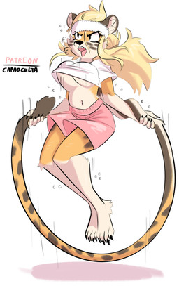 anthro biped black_body black_fur blonde_hair breasts claws digitigrade exercise female finger_claws fur hair jump_rope jumping long_hair long_tail markings multicolored_body multicolored_fur navel open_mouth simple_background solo spots spotted_body spotted_fur tail toe_claws under_boob white_background white_body white_fur yellow_body yellow_fur capaoculta alma_(capaoculta) cheetah felid feline mammal 2023 absurd_res digital_media_(artwork) hi_res