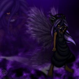 anthro aura dark female halo horn sadistic_smile simple_background solo toony wings young young_anthro young_female tanukiarts canid canine demon mammal raccoon_dog tanuki 1:1 hi_res
