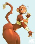 5_fingers anthro arm_wraps big_breasts breasts brown_body brown_fur chest_wraps clothing dipstick_tail ear_piercing ear_ring eyebrows eyelashes female fingers fur half-closed_eyes huge_thighs looking_aside markings motion_lines narrowed_eyes navel piercing ring_piercing smile solo standing tail tail_markings teeth text thick_thighs thong underwear wraps ze0metric haplorhine mammal monkey primate 2025 4:5 artist_name hi_res watermark
