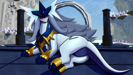 anus black_sclera blue_eyes blush butt clitoris collar eyelashes female feral genitals gold_(metal) grey_hair hair looking_at_viewer multicolored_body presenting presenting_anus presenting_vulva solo tail vulva white_body hikleloveshiking mythology palworld pocketpair dragon mythological_creature mythological_scalie pal_(species) scalie silvegis_(pal) digital_media_(artwork) hi_res