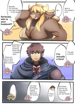 ahoge anthro big_breasts blonde_hair bodily_fluids border breasts brown_body brown_eyes brown_fur brown_hair cape cheek_scar cleavage clenched_teeth clothed clothing dialogue ear_piercing ear_ring facial_scar female female_anthro fur gradient_background group hair half-closed_eyes horn huge_breasts long_hair male male_human master muscular muscular_anthro muscular_female narrowed_eyes piercing ring_piercing scar simple_background standing sweat sweatdrop teeth text trio white_border white_horn sasanoha6011 kalan_(sasanoha6011) wakaba_(sasanoha6011) yuzuriha_(sasanoha6011) bovid bovine cattle human mammal broken_language comic english_text hi_res